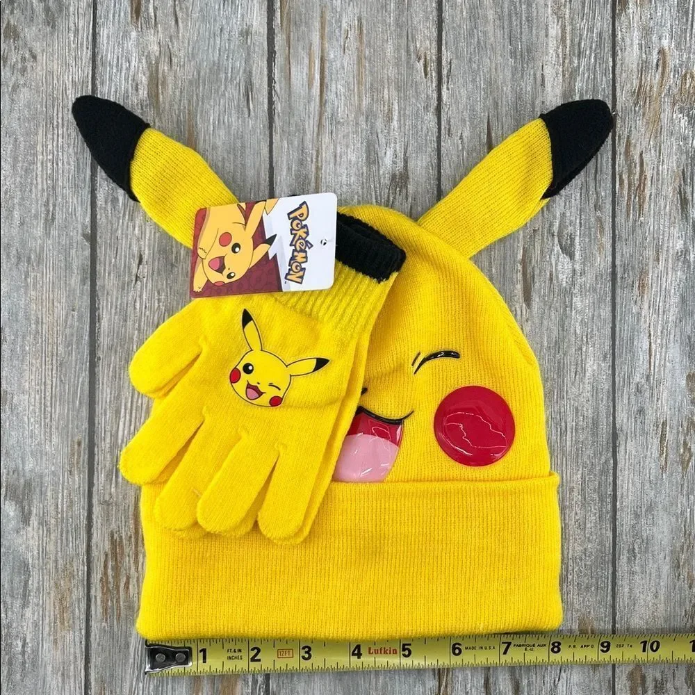 Kids Pokemon Pikachu Beanie Hat & Gloves 2-Piece Set Winter